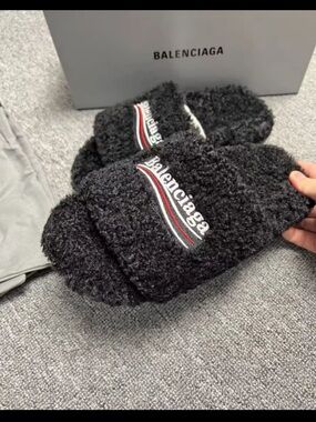 Balenciaga Black Fuzzy Logo Slide Sandals with Red & White Accent